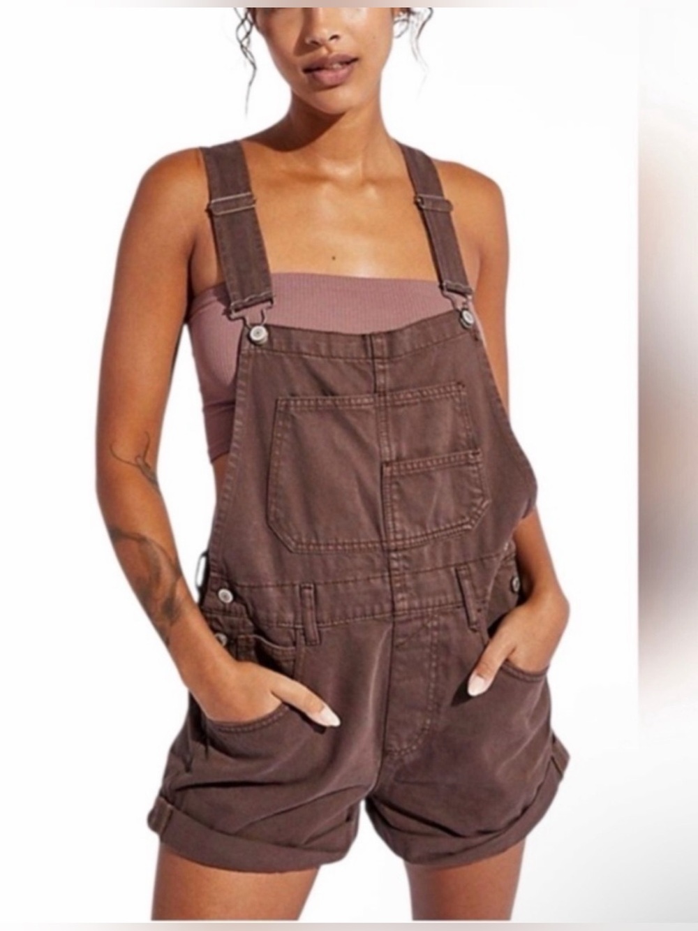 Free People Brown Cotton Short Overalls